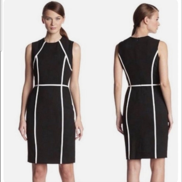 ELLEN TRACY Tailored Sheath Knee Length Dress In Black. White Piping. Size 8 NWT - Picture 1 of 14
